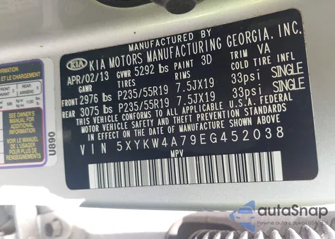 2014 Kia Sorento Sx z USA, uszkodzony, nr VIN 5XYKW4A79EG452038